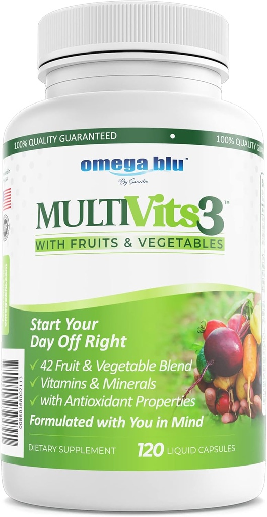 Multi Vits 3 Multivitamin - 2 Per dag - 70 + Ingredienser - 42 Frugter & Grøntsager - CoQ10 for hjerte sundhed - Brain, Energi, Vision Support - Vitamin & Min - 60 Servering