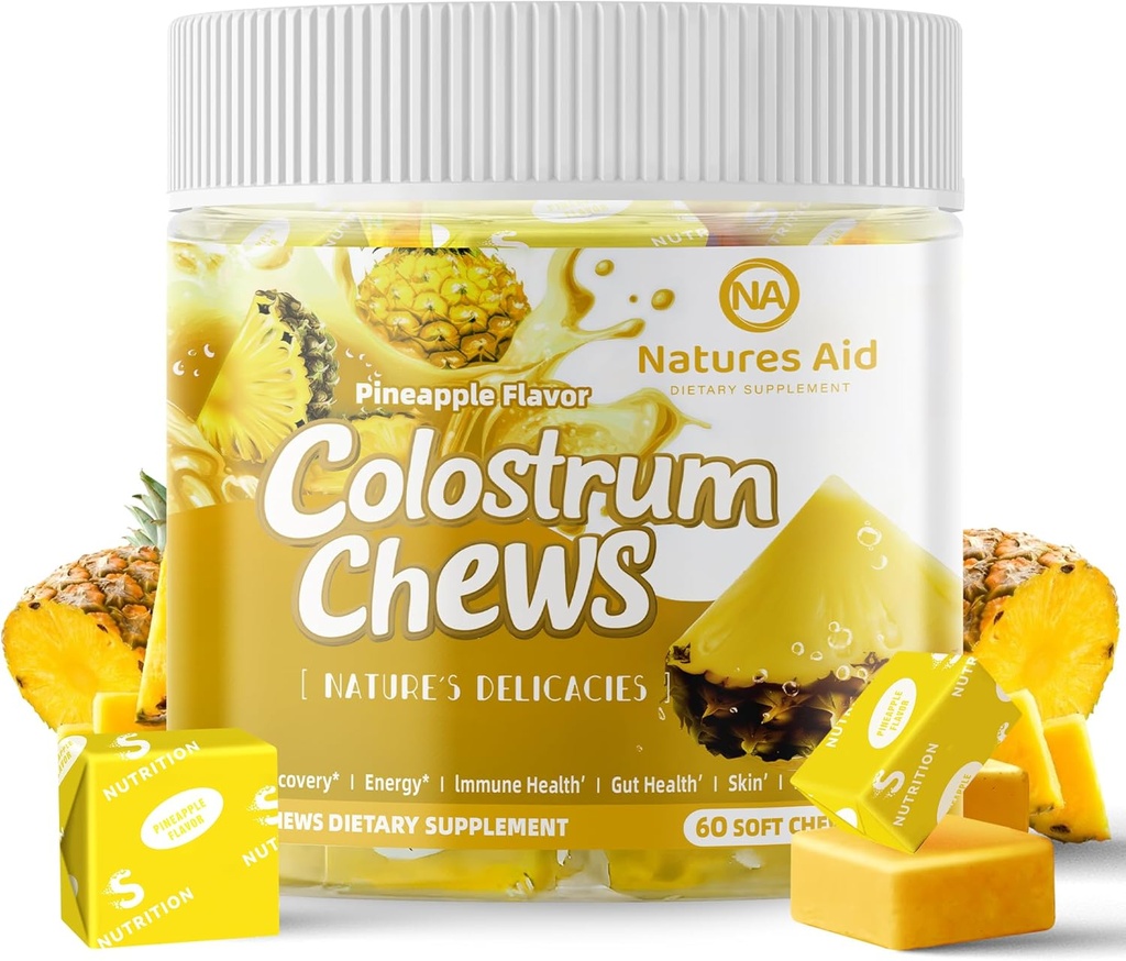 Colostrum Chews Supplement med probiotika til Gut Sundhed, Bloating, immunforsvar, hud, hårvækst og skønhed - Ananas Arv (60 Servere)