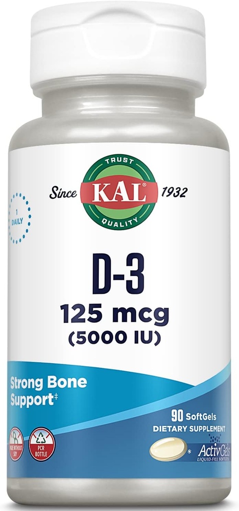 KAL Vitamin D3 5000 IU Softgels (125 mcg), Active Form of Vitamin D, Calcium Absorption, Bone Health, Immune Support Supplement, Liquid Filled ActivGels, Made Without Soy, 90 Servings, 90 Softgels