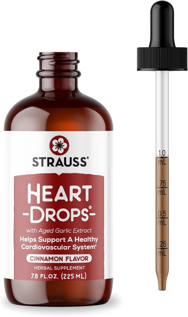 Strauss Naturals Heart Drops - Natural Mistletoe & Laged Hvidløg Uddrag Heart Health Supplement - Hjælper med at bevare sunde hjerte-kar-system - Vegan & non- GMO - kanel smag - 225 ml flaske