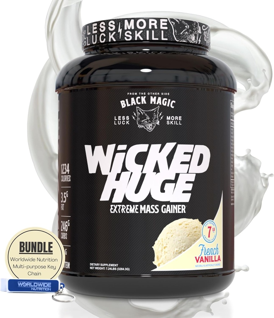 Worldwide Nutrition Bundle Compatible with Black Magic Wicked Huge - Mass Gainer French Vanilla Flavor for Muscle Support and Recovery, 7.24 LBS Protein Powder Supplement with Keychain