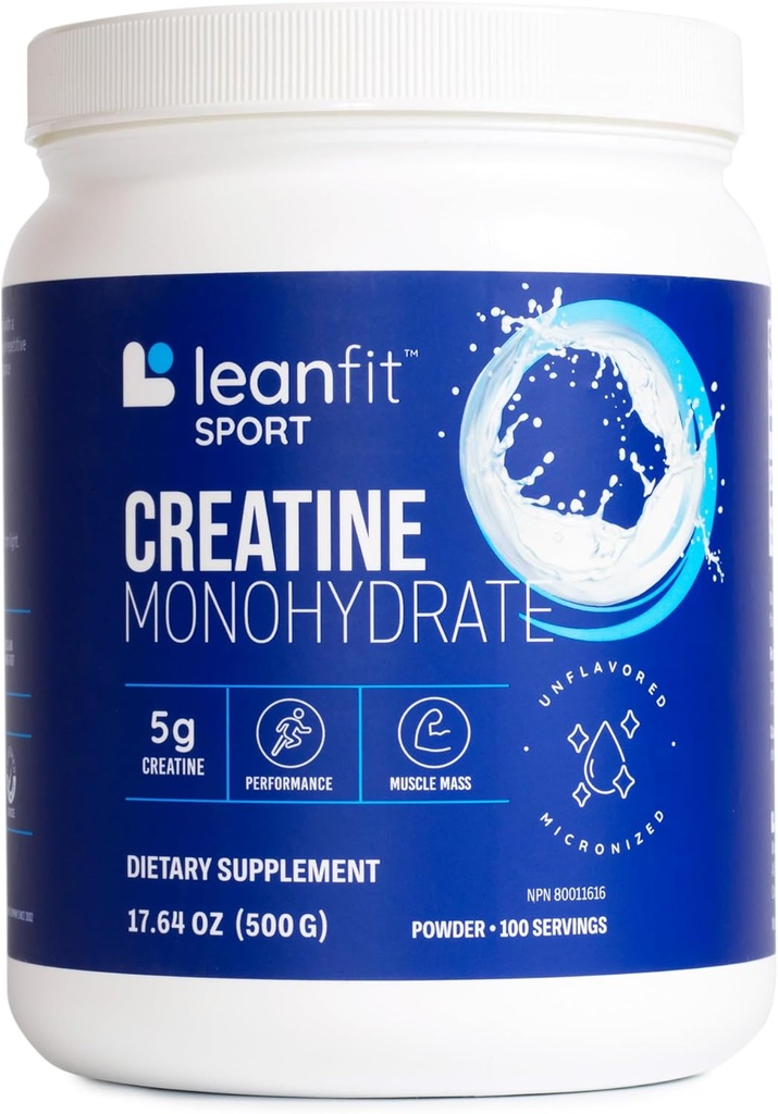 LeanFit Sport CREATINE MONOHYDRAT Powder, Unflavored - Informed Choice Certified, Mikronized & Pharmaceutical Grade Creatin, Gluten- Free, Vegan - 5g Creatin Per Servering, 100 Servering, 17.64oz Tub