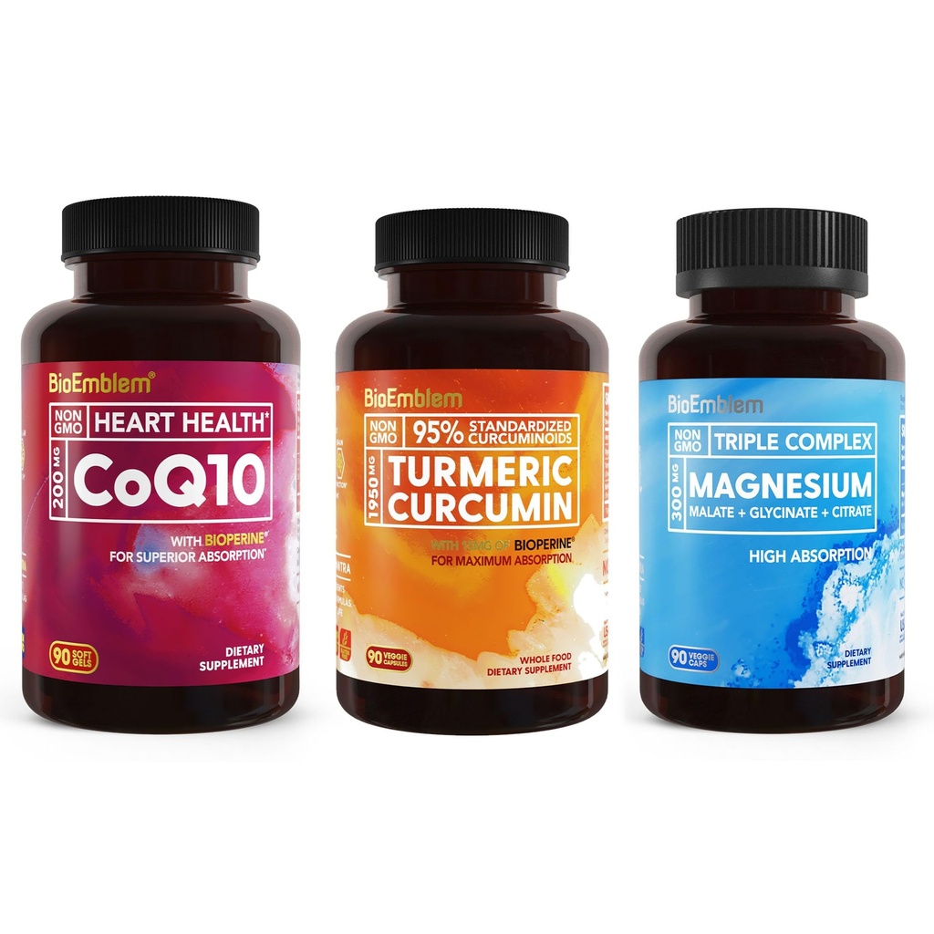 BioEmblem Triple Magnesium Complex and Turmeric Curcumin Supplement and CoQ10 with BioPerine