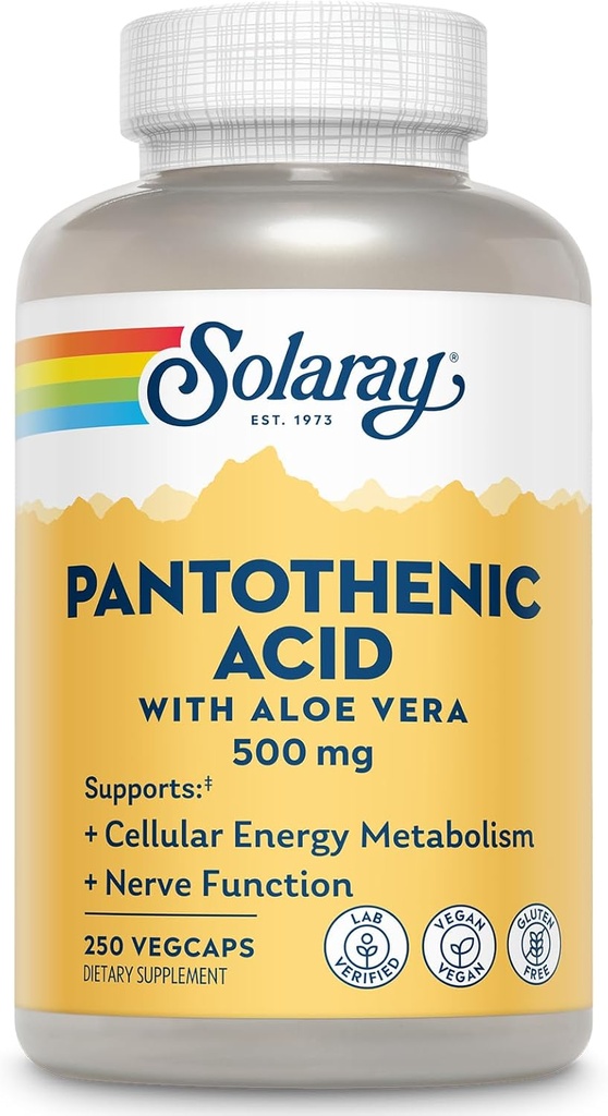 SOLARAY Pantothensyre 500mg - Pantothensyre tillæg (vitamin B5) - Essential B Complex Vitamin - Nervesystemet og cellulær energistøtte - Vegan, Gluten Free, 60- Day Guaratee, 250 Servere