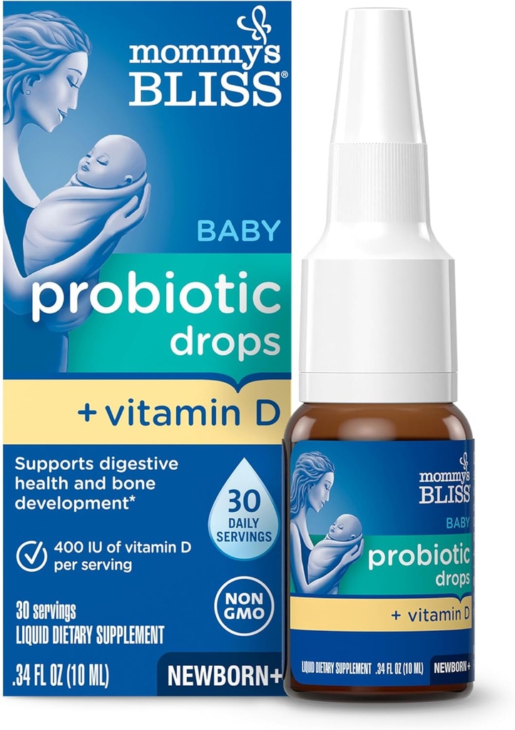 Mors Bliss Baby Probiotiske Drops + D-vitamin, understøtter fordøjelsessygdomme og immunitet, 400IE D-vitamin til sund knogleudvikling, Newborns +, Flavorless, 0,34 Fl Oz (30 Servere)