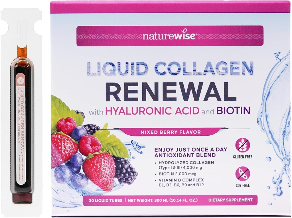 NatureWise Hydrolyzed Liquid Collagen til kvinder & mænd 400mg - Høj Absorption, Type 1 & 3 Peptider med Biotin + C-vitamin + B-vitamin Complex & Hyaluronsyre - blandet berry - 30 rør [30 dages forsyning]