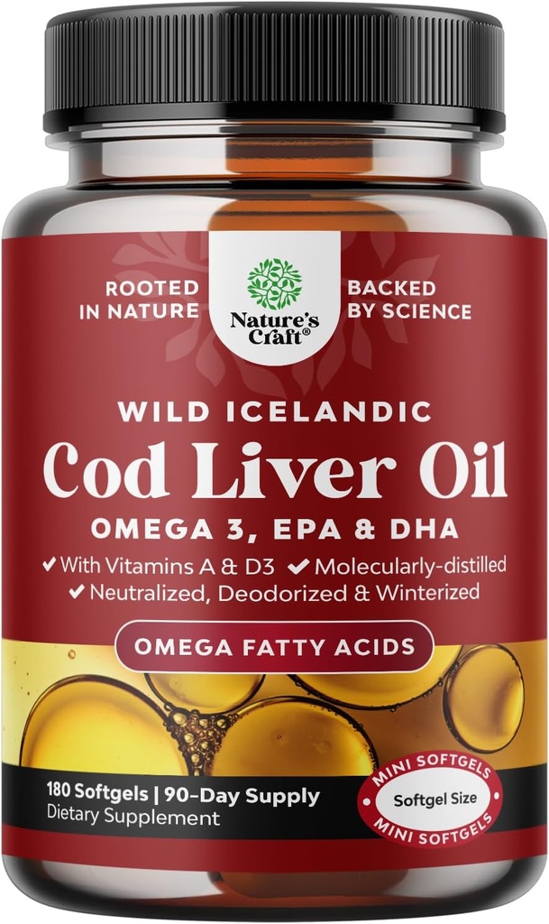 Icelandic Cod Liver Oil Softgels - Wild Caught EPA DHA Omega 3 Fish Oil 1000mg per serving - Sustainably Sourced Burpless Fish Oil Supplement with Vitamin D3 & A for Heart Joint Brain & Immune Support