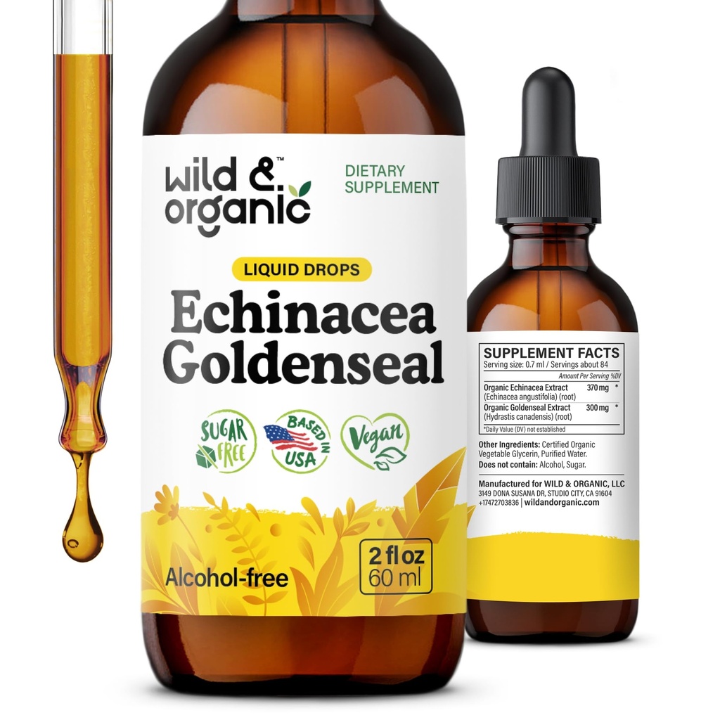Wild & Organic Echinacea Goldenseal Liquid Drops - immunsupporttillæg w / Goldenseal Echinacea Root Extract - Vegan, Sugar & Alcohol- Free Tincture - 2 fl oz