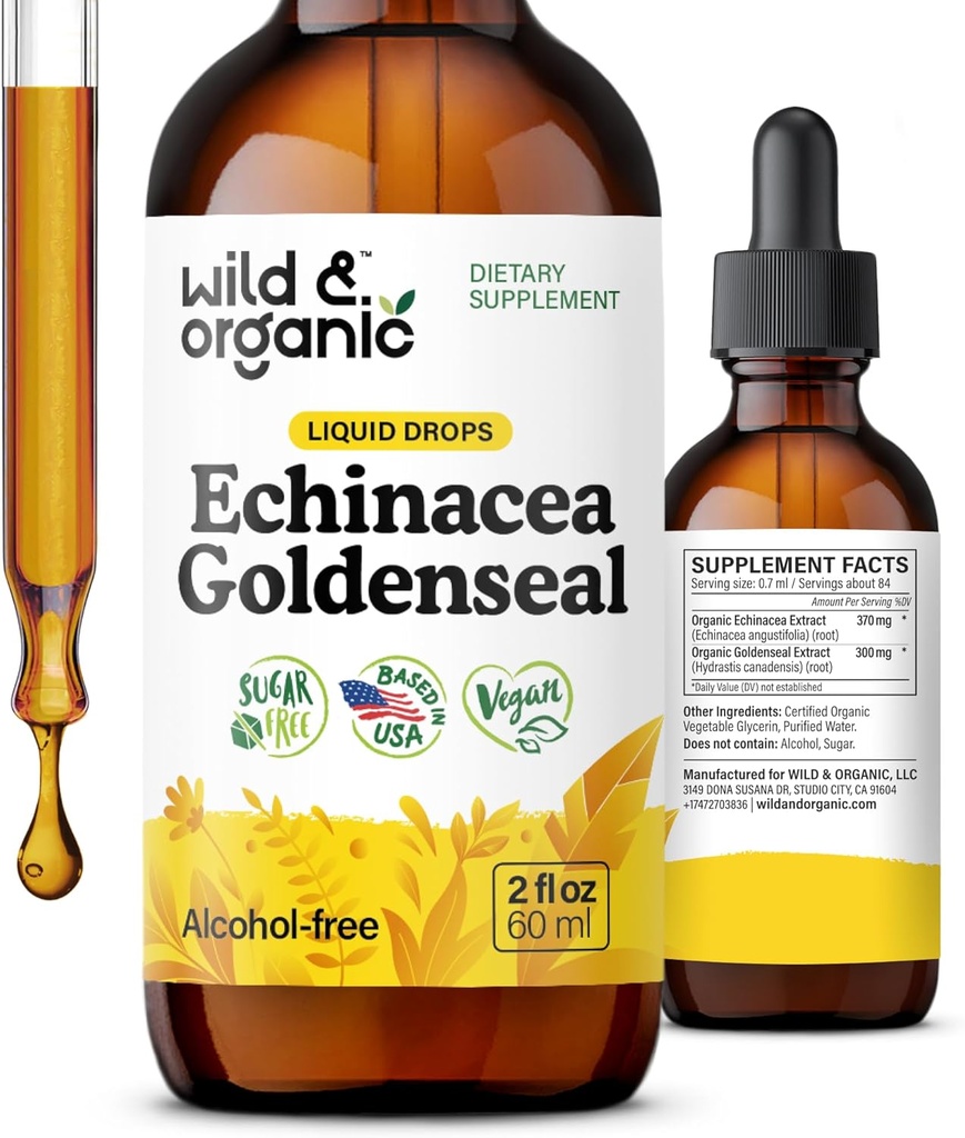 Wild & Organic Echinacea Goldenseal Liquid Drops - immunsupporttillæg w / Goldenseal Echinacea Root Extract - Vegan, Sugar & Alcohol- Free Tincture - 2 fl oz