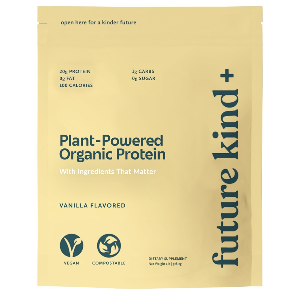 Future Kind Vegan Protein Powder, Vanilla, Pea Plant Protein for Lean Muscle with Iron & Fiber, Whey- Free, Sugar- Free, Soy- Free, Non- Dairy (34 Servere)