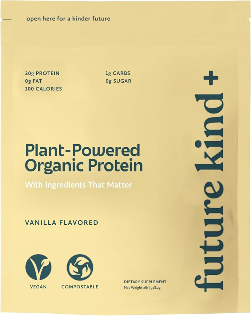 Future Kind Vegan Protein Powder, Vanilla, Pea Plant Protein for Lean Muscle with Iron & Fiber, Whey- Free, Sugar- Free, Soy- Free, Non- Dairy (34 Servere)