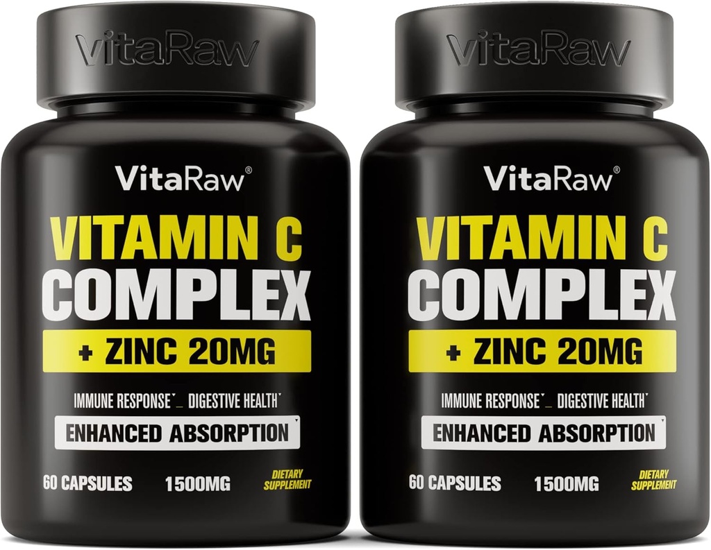 Vitamin C Supplement 2 Pack (120 Veggie kapsler) - 1500mg med zink 20mg - Højeste Absorption Vitamin C immunsupportkompleks - Vitamin C kapsler & Zinkvitaminer til voksne, Vit C immunhelp Vegan