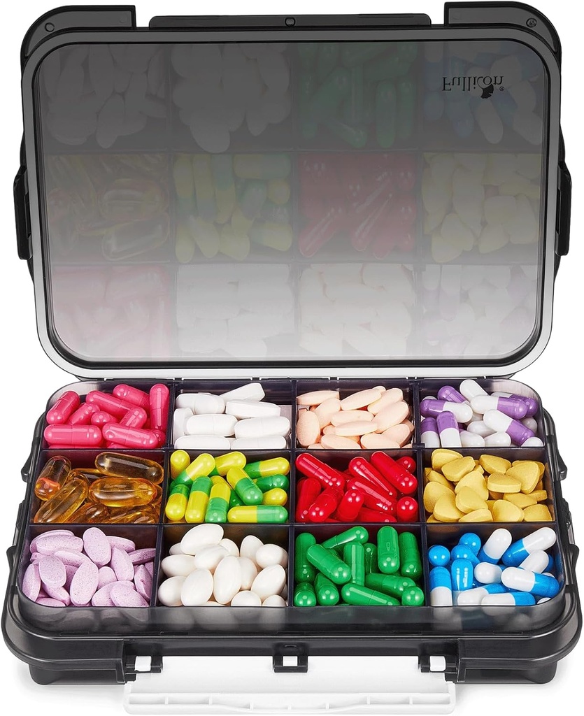 Fullicon Daily Travel Fugt Bevis Pill Case med 12 Ekstra Stor Segment, Pill Organizer med 3 Sikrede Buer, Stor Supplement Box til Vitamin med Aftagelige Dividers (Sort)