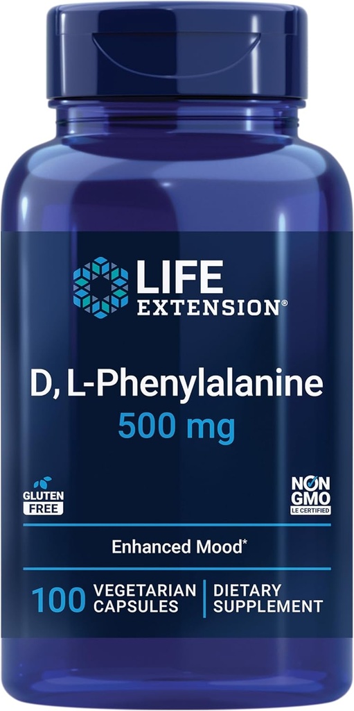 Life Extension D, L- Phenylalanin kapsler, 500 mg - Understøtter Mood Health, fremmer Neurotransmitter sundhed - Gluten- Gratis, Non- GMO, Vegetar - 100 kapsler