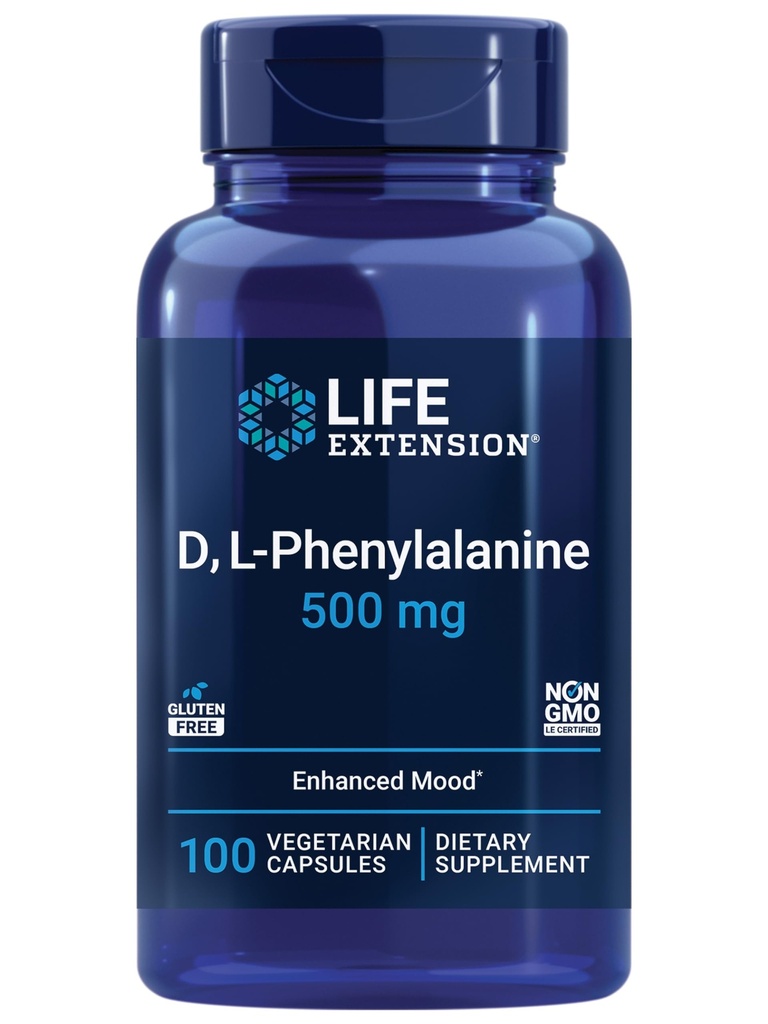 Life Extension D, L- Phenylalanin kapsler, 500 mg - Understøtter Mood Health, fremmer Neurotransmitter sundhed - Gluten- Gratis, Non- GMO, Vegetar - 100 kapsler