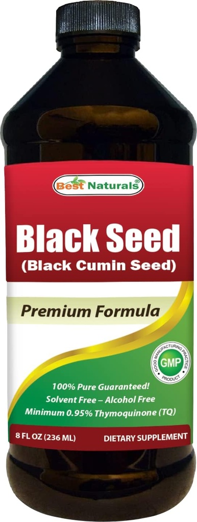 Bedste Naturals Black Seed Oil - Minimum 0,95% Thymoquinon (TQ) - Cold Pressed Nigella Sativa Aids in fordøjelsessygdomme, immunstøtte, hjernefunktion, fælles mobilitet, gluten fri, ikke GMO - 8 OZ