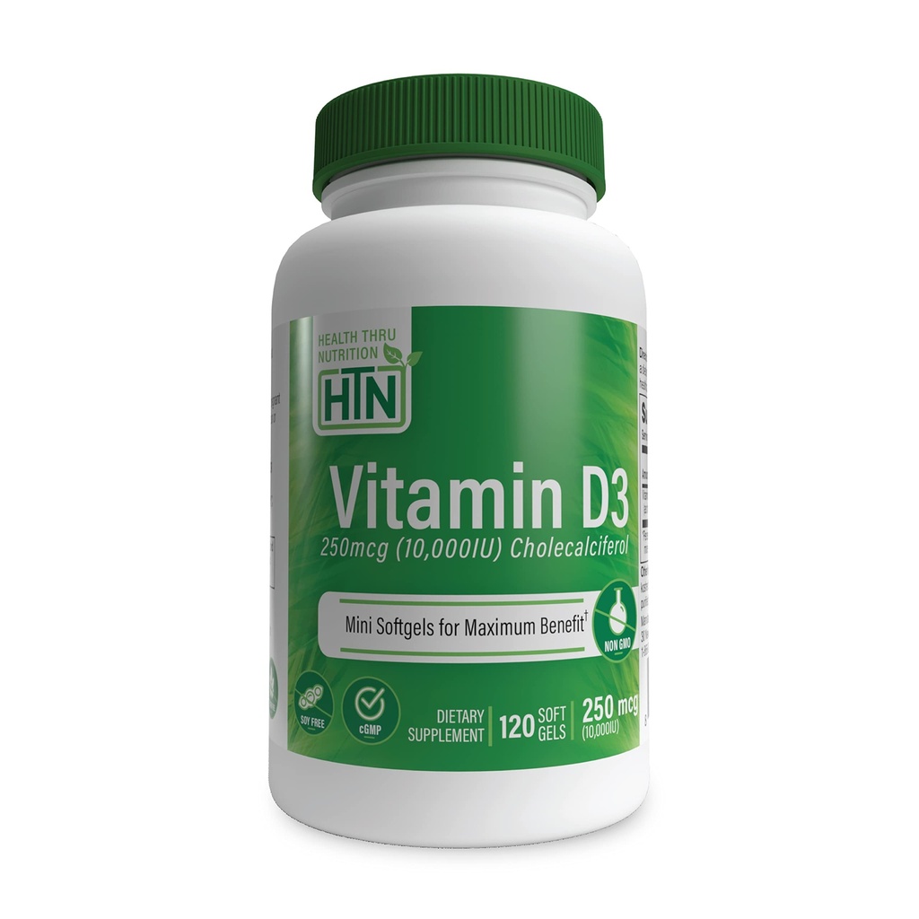 Health Thru Nutrition Vitamin D3 10,000iu 120 Mini Softgels for Maximum Benefit Grade i Organic EVOO Budd124; Immunforsvar Støtte