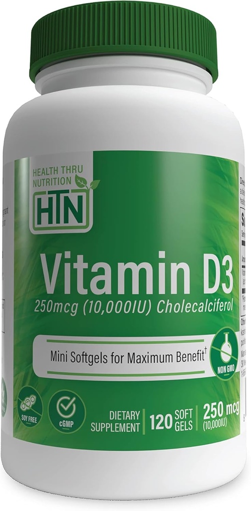 Health Thru Nutrition Vitamin D3 10,000iu 120 Mini Softgels for Maximum Benefit Grade i Organic EVOO Budd124; Immunforsvar Støtte