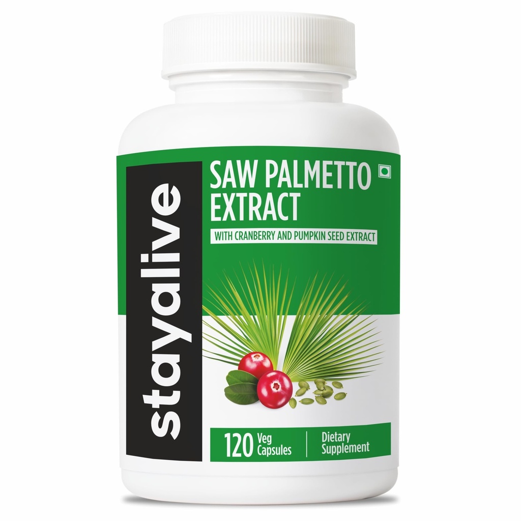 Stay ALIVE Saw Palmetto Extract Capsules w / Cranberry & Pumpkin Seed Oil, 120 Vegan Pills for Hår, U.T & Prostata, Pure Saw Palmetto for mænd og kvinder, Non- GMO, Gluten Free Pumpkin Seed Supplement