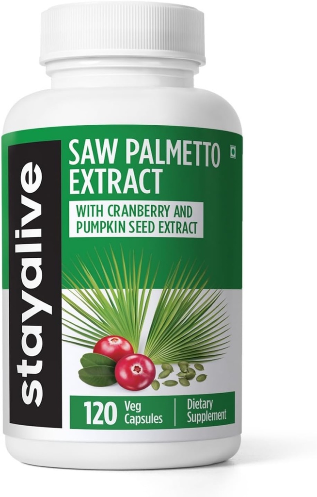 Stay ALIVE Saw Palmetto Extract Capsules w / Cranberry & Pumpkin Seed Oil, 120 Vegan Pills for Hår, U.T & Prostata, Pure Saw Palmetto for mænd og kvinder, Non- GMO, Gluten Free Pumpkin Seed Supplement