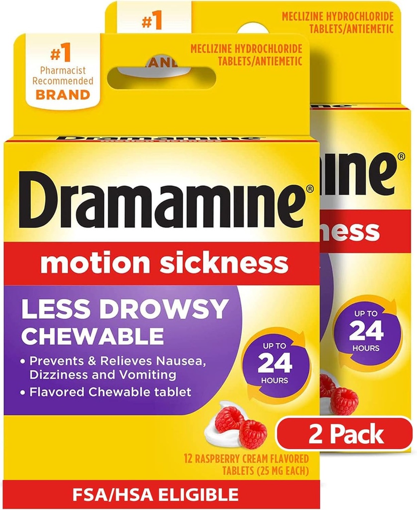 Dramamin Chewable Mindre Drowsy, Motion Sygdom Relief, Raspberry Cream Flavor, 12 Greve, 2 Pack