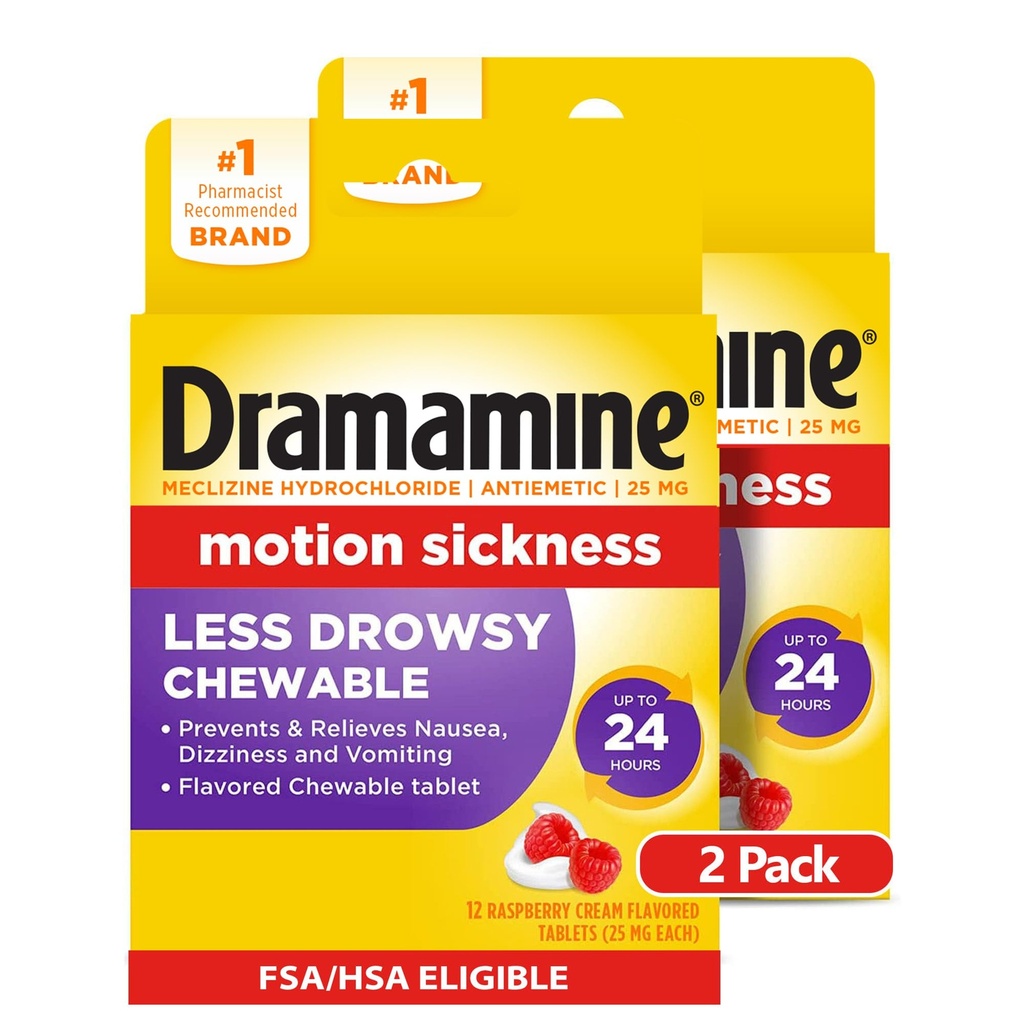 Dramamin Chewable Mindre Drowsy, Motion Sygdom Relief, Raspberry Cream Flavor, 12 Greve, 2 Pack