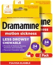Dramamine Chewable Less Drowsy, Motion Sickness Relief, Raspberry Cream Flavor, 12 Count, 2 Pack