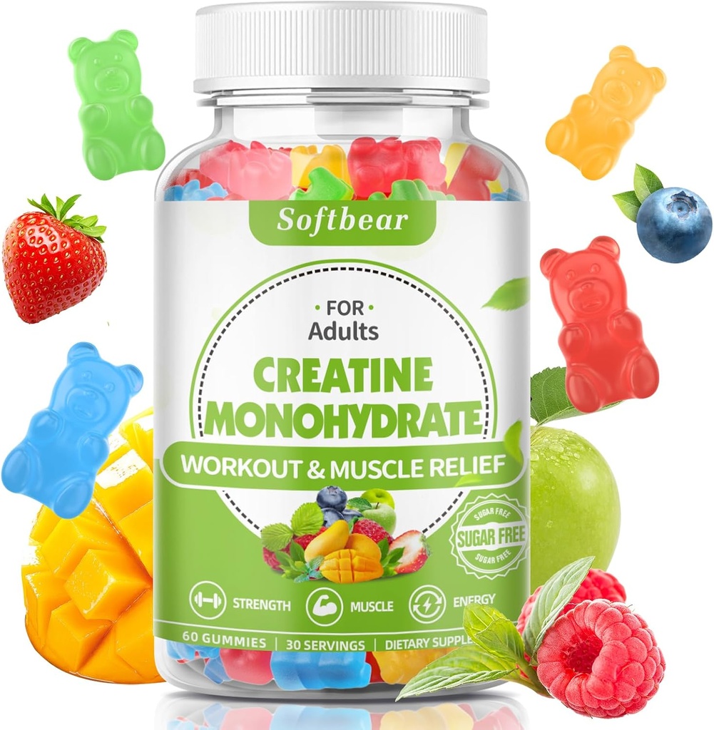 softbear 5000mg Creatine Monohydrat Gummies for Mænd Kvinder, Vegansk Creatinine HCL supplement Pre Workout Gummies for Muscle Builder Styrke blandet Flavor 60 Tæl