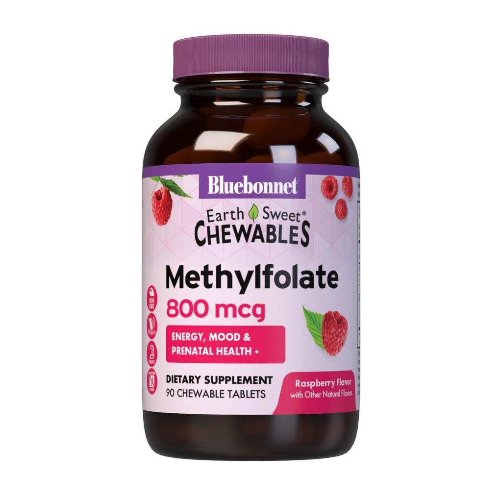 Bluebonnet EarthSweet methylfolfolate 800 mcg Cellulær Active Coenzym 5- MTHF L Methyl Folate Supplement - Prenatal & Energy Support * - Non- GMO, Vegan, Gluten- Free - Hindbær - 90 tyggetabletter