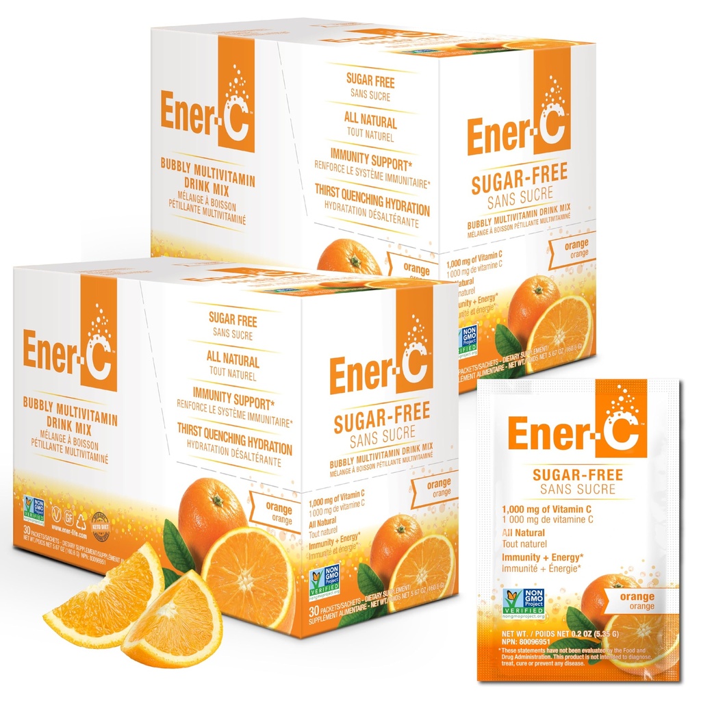 Energi-C Sukker fri energi Orange Multivitamin drikke Mix vitamin C 1000mg & elektrolyter - Naturlig Immunitet støtte med Real Fruit Juice Powders Non-GMO Vegan & Gluten Free - 60 Greve