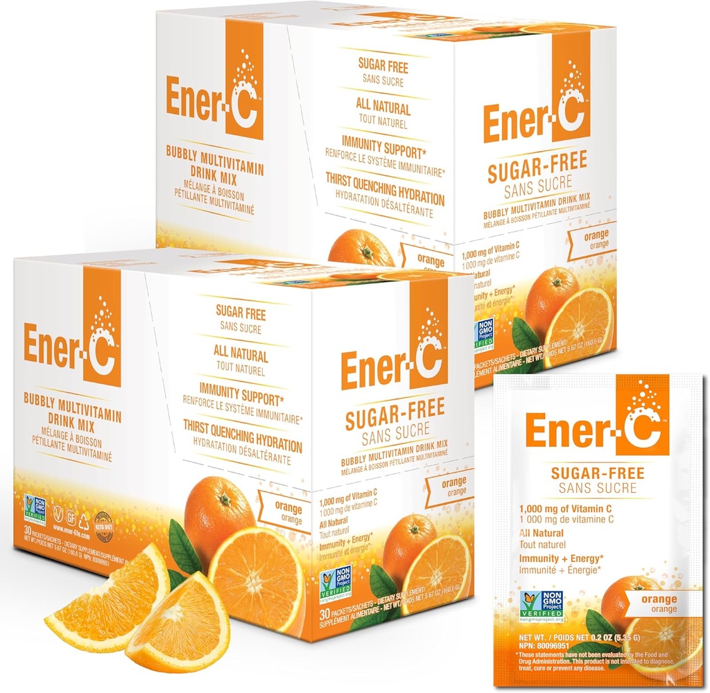 Energi-C Sukker fri energi Orange Multivitamin drikke Mix vitamin C 1000mg & elektrolyter - Naturlig Immunitet støtte med Real Fruit Juice Powders Non-GMO Vegan & Gluten Free - 60 Greve