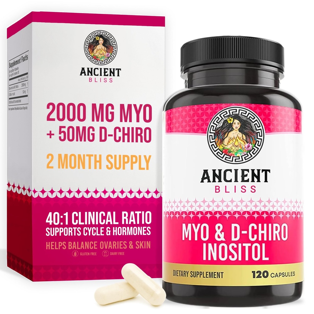 Ancient Bliss Myo & D- Chiro Inositol Supplement, 40 til 1 Ratio, Hjælper i Ovarie Function Support til kvinder, Vitamin B8 Hjælper med at regulere menstruationscyklus, 2050 mg per servering, 120 Veganske kapsler