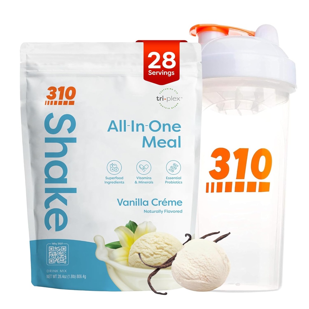 310 Nutrition All-in-One Meal Replacement Shake Powder w/Shaker Cup Starter Kit - High Protein Fiber Rich Vegan Superfood Blend - Sugar-Free, Keto & Paleo Friendly, Low Carb - Vanilla Creme 28 srv