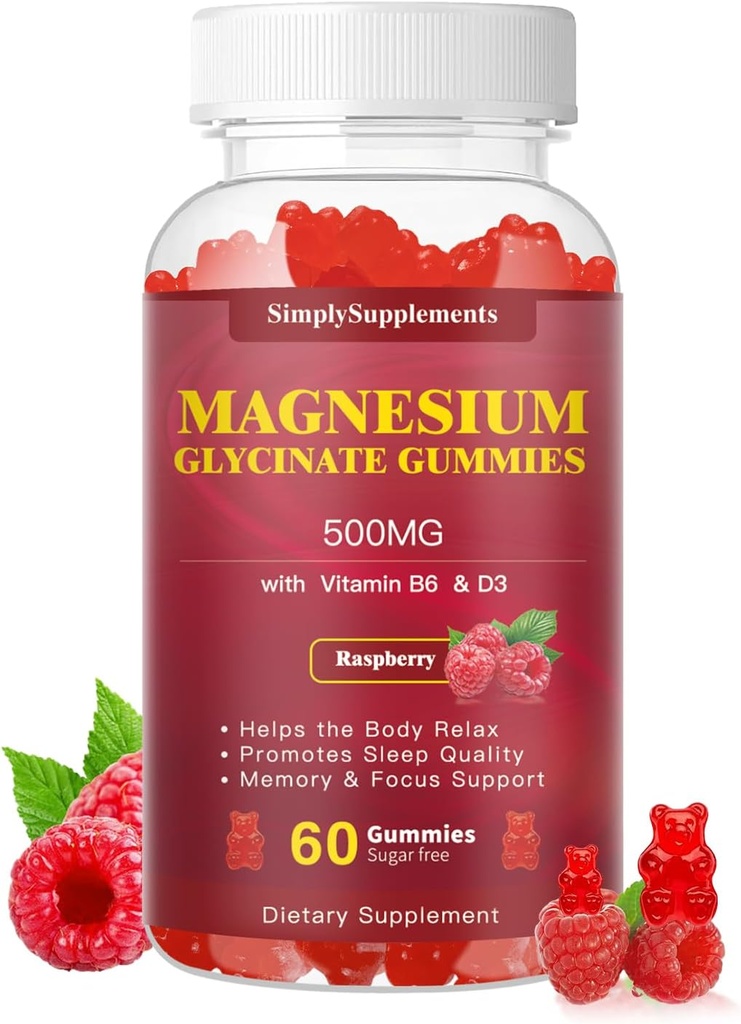 Magnesium Glycinat Gummies 500 mg, Chewable Magnesium tillæg med vitamin D3, B6, CoQ10, til afslapning, søvn & mad støtte, rolig Magnesium Gummies - 60 Hindbær Gummies