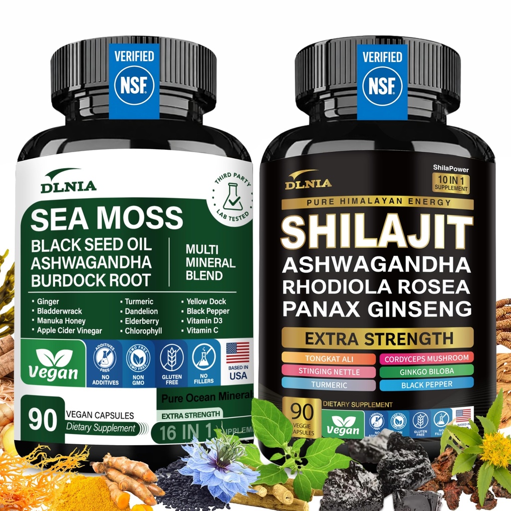 Shilajit 9000mg, Sea Moss 17500mg, Ginger & Black Seed Oil 4000mg, Ashwagandha 5000mg, Rhodiola Rosea, 1000mg Panax Ginseng 1500mg, Alle i 1 tillæg - Sea Moss & Shilajit Vitality Bundle