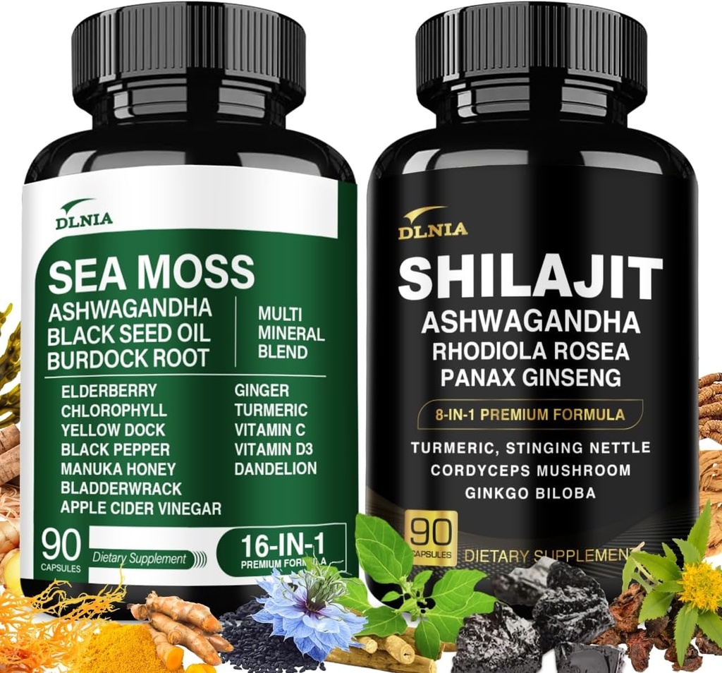 Shilajit 9000mg, Sea Moss 17500mg, Ginger & Black Seed Oil 4000mg, Ashwagandha 5000mg, Rhodiola Rosea, 1000mg Panax Ginseng 1500mg, Alle i 1 tillæg - Sea Moss & Shilajit Vitality Bundle
