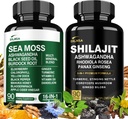Shilajit 9000mg, Sea Moss 17500mg, Ginger & Black Seed Oil 4000mg, Ashwagandha 5000mg, Rhodiola Rosea, 1000mg Panax Ginseng 1500mg, Alle i 1 tillæg - Sea Moss & Shilajit Vitality Bundle