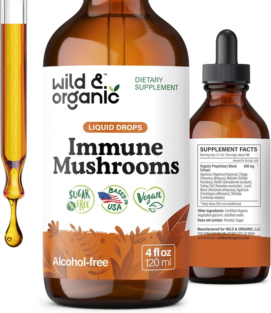 Wild & Organic immun Mushroom Tinktur - 8-in-1 Immunstøtte med Chaga, Reishi, Tyrkiet Tail, Lions Mane, Maitake Extract - Flydende Mushroom Supplement - Vegan, Sukker & Alkohol- Free Drops - 4 oz