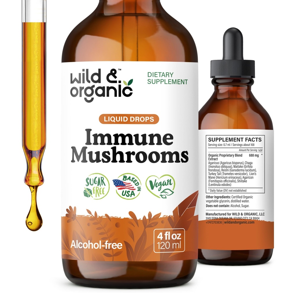 Wild & Organic immun Mushroom Tinktur - 8-in-1 Immunstøtte med Chaga, Reishi, Tyrkiet Tail, Lions Mane, Maitake Extract - Flydende Mushroom Supplement - Vegan, Sukker & Alkohol- Free Drops - 4 oz