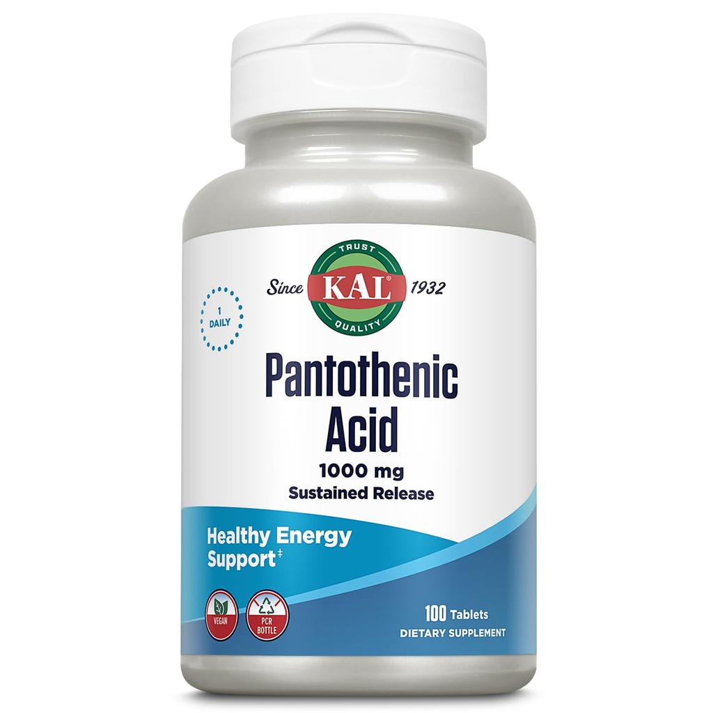 KAL Pantothensyre 1000mg, Sustained Release Vitamin B5 - Energitilskud - Understøtter Metabolisme af kulhydrater, fedt og protein, hår og hud sundhed, Vegan, 60- dag garanti, 100 Servere, 100 tabletter