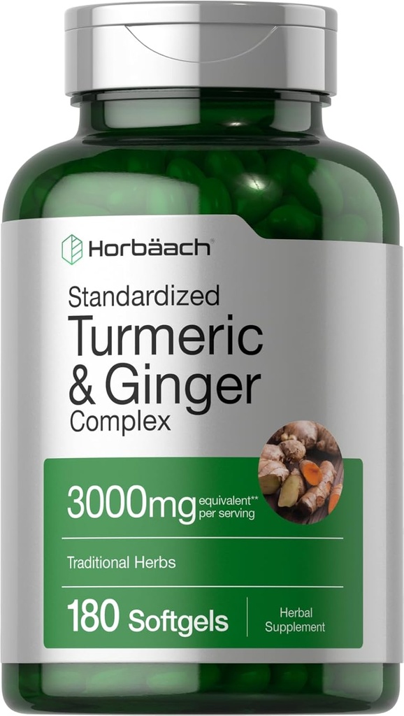 Horbäach gurkemeje og ingefær Supplement- 124; 3000 mg 180 Softgel Pills - 124; med Black Pepper Extract - 124; Non- GMO, Gluten Free Supplement