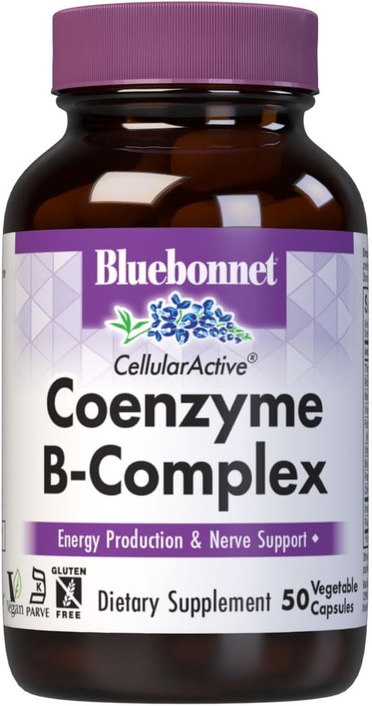 Bluebonnet Nutrition Cellular Active Coenzym B- Complex, Energy Production & Nerve Support *, Vegan, Kosher Certified, Gluten- Free, Soy- Free, Dairy- Free, 50 Vegetabilske kapsler, 50 Servere