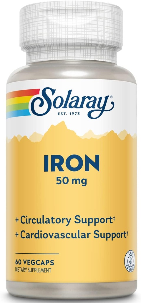 Solaray Iron 50 mg 2 x 124; Sund cirkulation, Kardiovaskulær funktion & Red Blood Cell Health Support