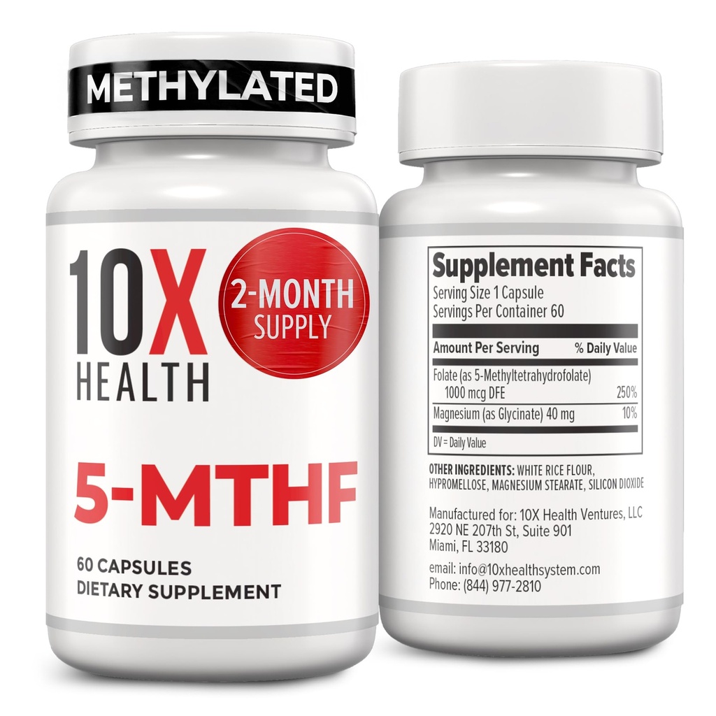 10X Health 5- MTHF methylfolat - Metyleret folat & Magnesium til hjerne, hjerte sundhed, DNA & Neurotransmitter Syntese - Biotilgængelig methylfolat supplement - Methylfolat supplement 60 Kapsler