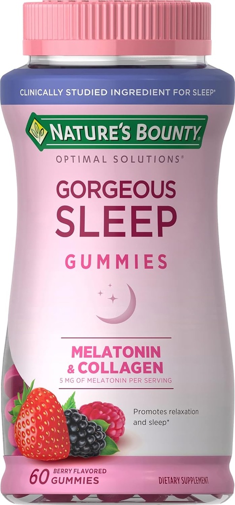 Nature 's Bounty Optimal Solutions Gorgeous Sleep Melatonin 5mg Gummies med Collagen, 60 Greve, Assorted Fruit Flavors, 30 Total Servering