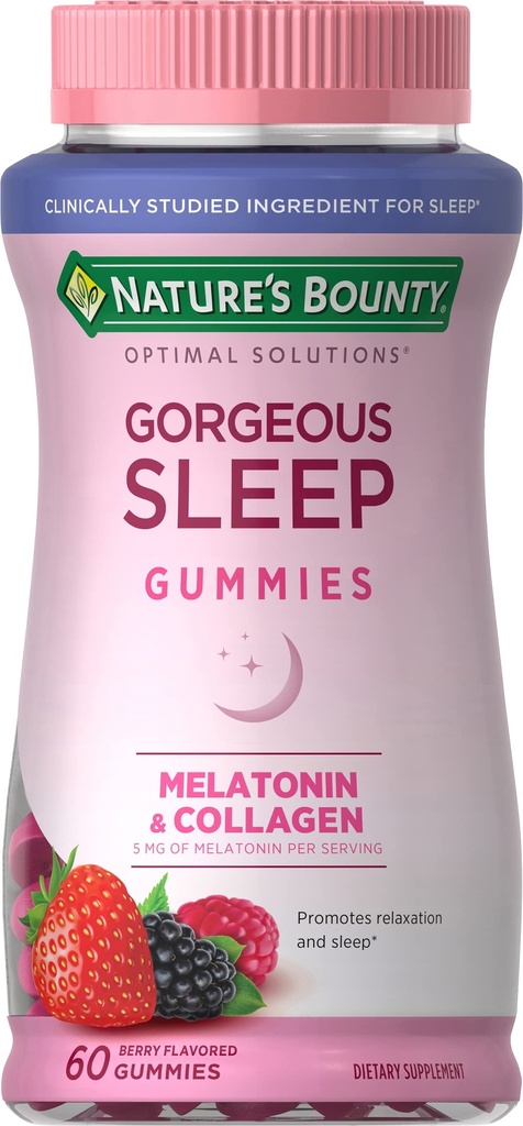 Nature 's Bounty Optimal Solutions Gorgeous Sleep Melatonin 5mg Gummies med Collagen, 60 Greve, Assorted Fruit Flavors, 30 Total Servering