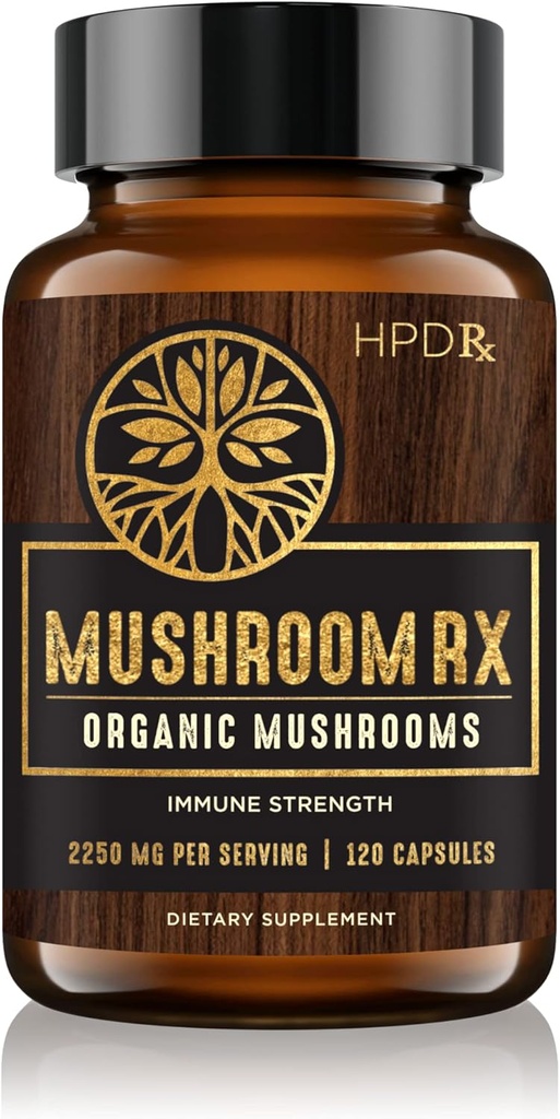 HPD Rx Mushroom Rx Organic Mushroom Extract Blend Max Immunity Dose, Lion 's Mane, Chaga, Reishi, Shiitake Maitake & Tyrkiet Tail Mushroom Kosttilskud 124; 2250 mg, 30-Day Supply, Pack of 1