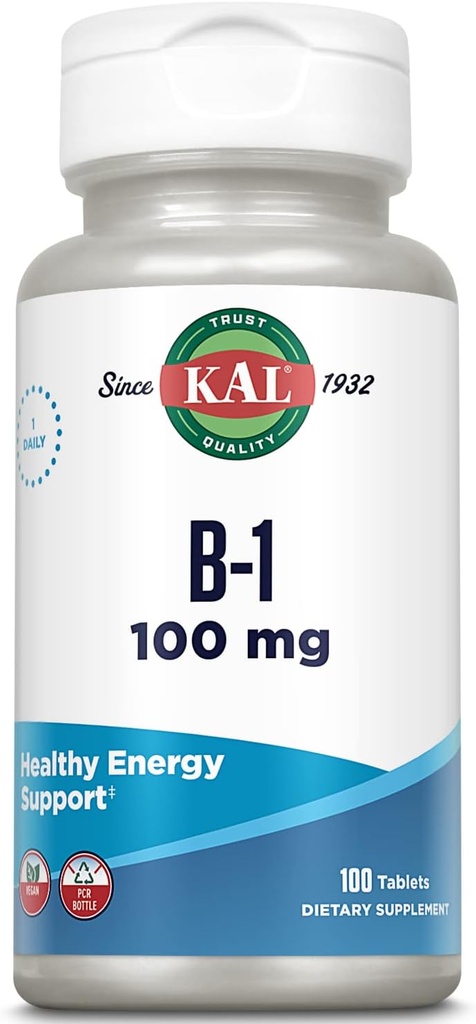 KAL Vitamin B1 100 mg, Thiamin supplement til Metabolisme, sund energi, hud, nervesystem, hjerte sundhed og hjerne support, Vegan Vitamin, 60- dag penge tilbage garanti, 100 Servere, 100 tabletter
