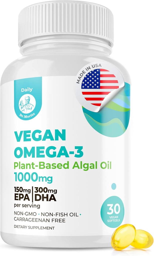 DR. MORITZ Vegan Omega-3 Softgel til voksne og børn, Lavet af Alger Oil med DHA EPA, Lille Alger Omega 3 Kosttilskud, Vegan, 30 Greve