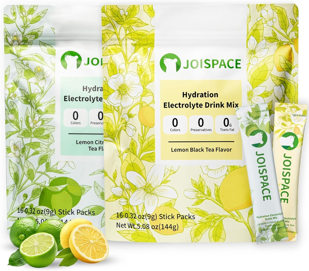 JOISPACE Electrolyte Drink Mix med Tea Polyphenols ttesmå 124; Fast Hydration & Electrolytes Boost MSD 124; Non- GMO, Vegan, Gluten- Free MSD 124; Lemon Tea & Lemon Lime Tea, 32 Servere